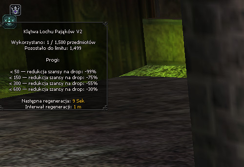 Dymek Klątwy Lochu Pająków z progami redukcji dropu